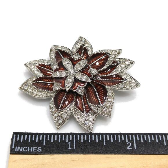 Vintage Monet Bronze Enamel Flower Brooch, Clear Pave Rhinestones - Picture 9 of 10